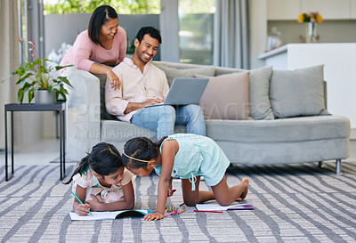 Buy stock photo Family, kids and happy in living room with drawing or playing, fun and educational for child development. Parent, girl and smile at home with laptop for household plans, invest and online application