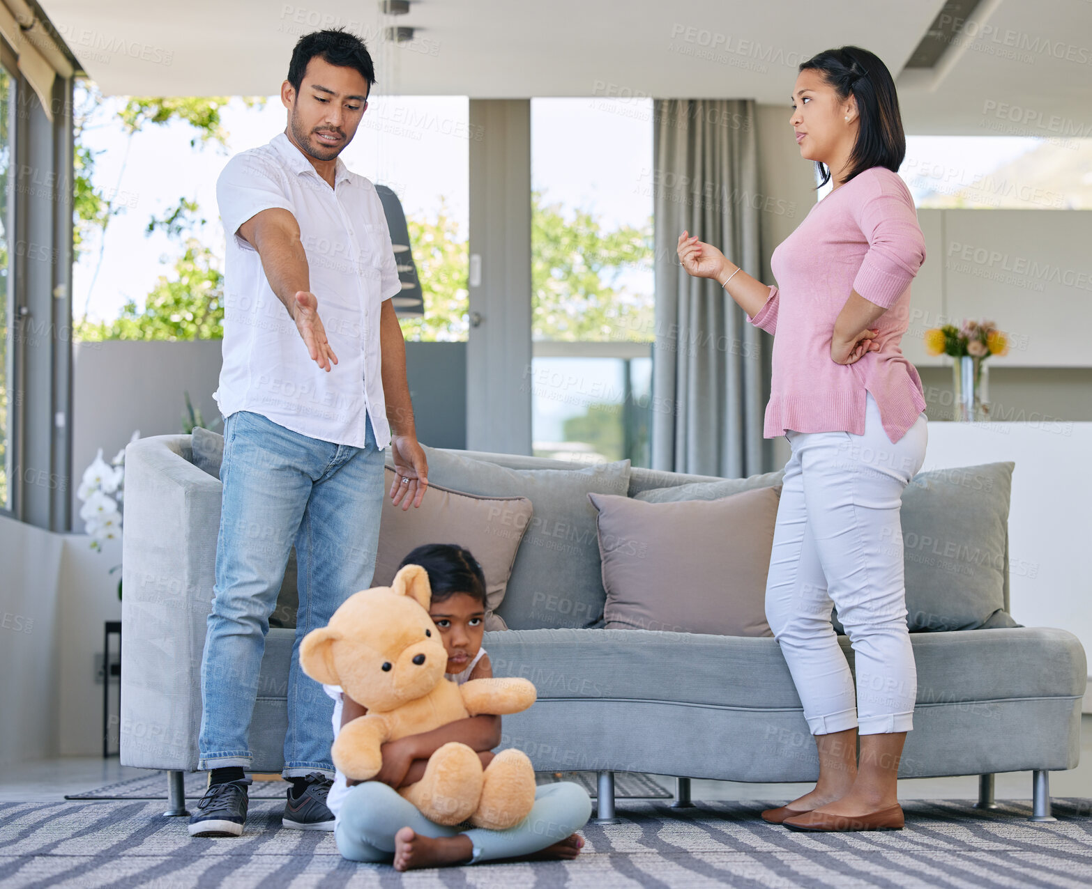 Buy stock photo Parents, conflict and child with bear, anxiety and hug for support and comfort in family home. Mother, father and fight for divorce, stress and depressed girl with mental health problem in apartment