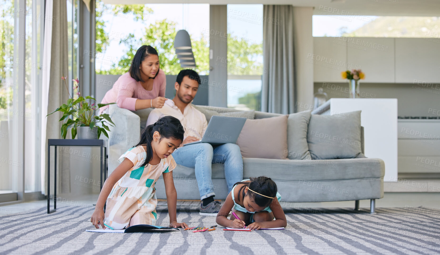 Buy stock photo Family, kids and drawing in living room on floor playing, bonding and fun or educational books for child development Parent, girl and home on sofa with laptop for plans, investment and applications