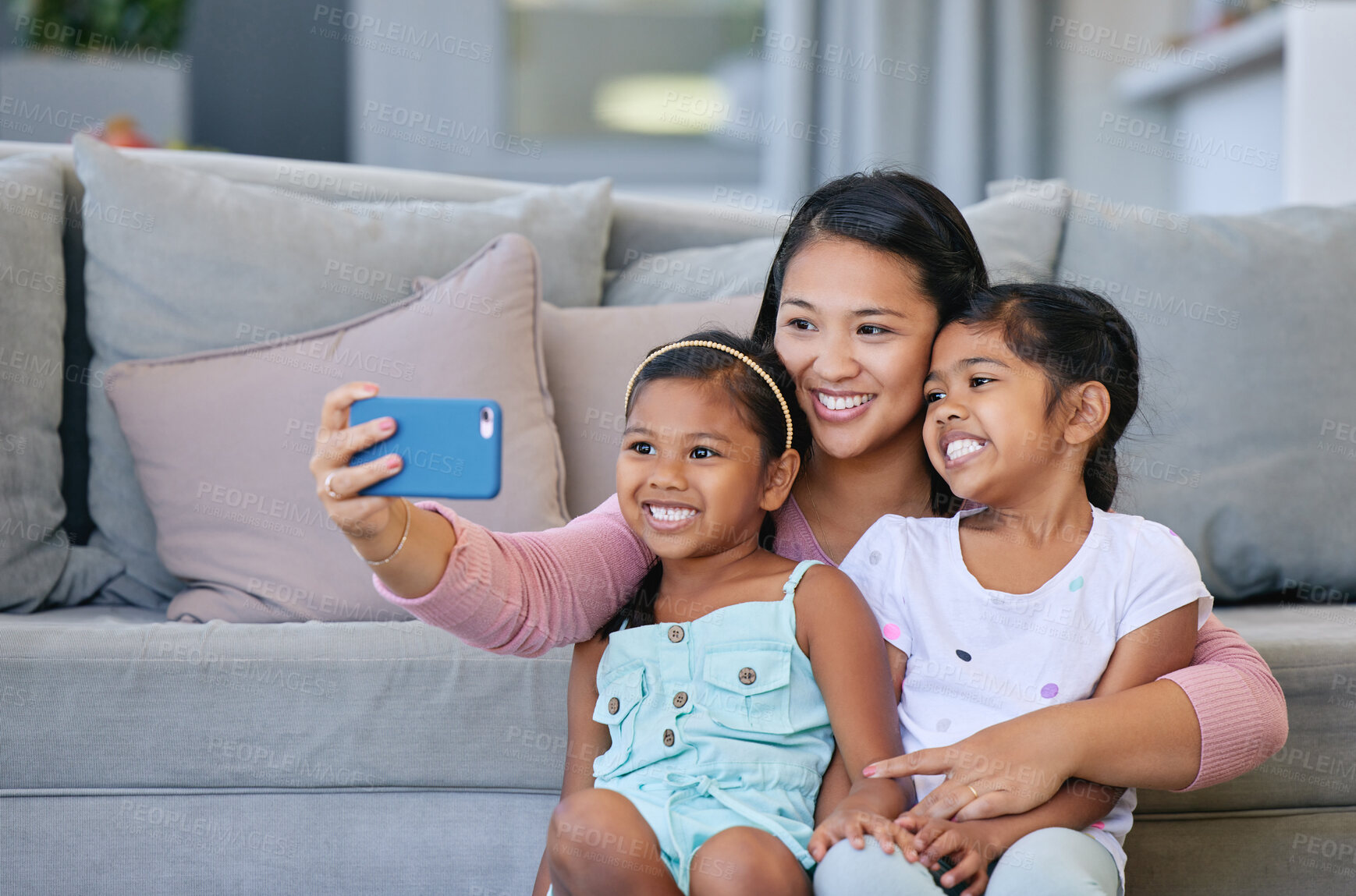 Buy stock photo Mom, girl and happy with selfie for bonding or support, love and growth for child development. Parent, kid and satisfied at home with care, childhood memories and together with trust and smile