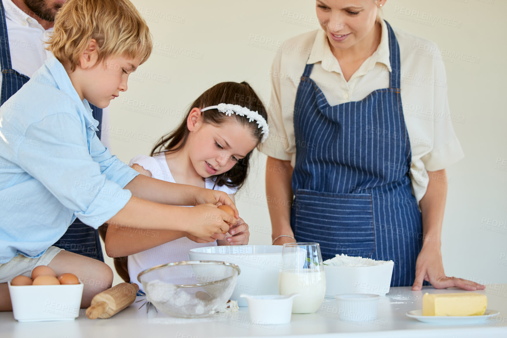 Buy stock photo Baking, food or ingredients with brother and sister in kitchen of home together for cooking pastry. Family, learning how to bake and recipe with woman parent teaching children in apartment together