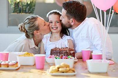 Buy stock photo Parents, mother and father kiss in happy birthday, table and cake with smile in celebration. Face, mom and dad, child together for love for party and care in family home for support or event
