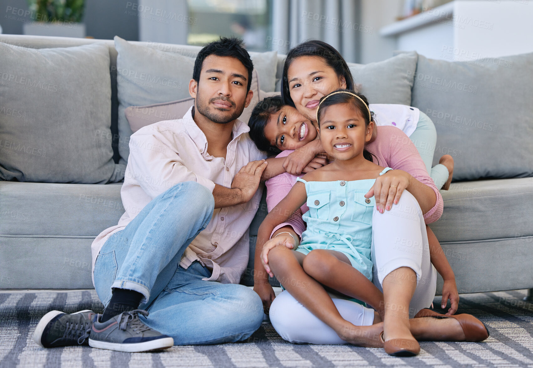 Buy stock photo Family, kids and smile in living room for bonding, love and growth for child development. Parent, girl and satisfied at home with care, childhood memories and together for trust, support and portrait