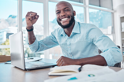 Buy stock photo Black man, laptop and celebrate in office portrait, online success and prize giveaway or bonus. Male person, excited and fist pump for victory in workplace, lottery and promotion or reward on website