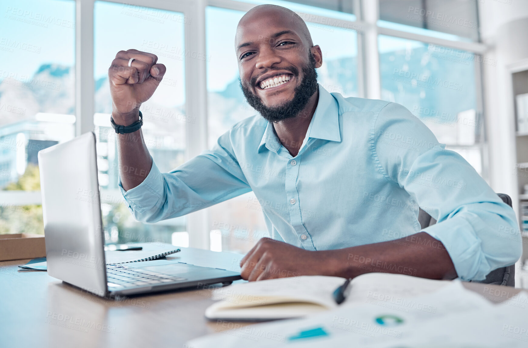 Buy stock photo Black man, laptop and celebrate in office portrait, online success and prize giveaway or bonus. Male person, excited and fist pump for victory in workplace, lottery and promotion or reward on website