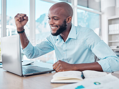 Buy stock photo Black man, laptop and celebrate win in office, online success and prize giveaway or bonus. Male person, excited and fist pump for victory in workplace, lottery and promotion or wow for reward on web