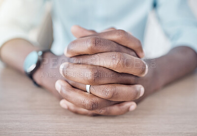 Buy stock photo Closeup, hands clasped and desk for business, meeting or job interview negotiation in startup. Table, worker and fingers of professional in conversation, discussion or advisor thinking of decision