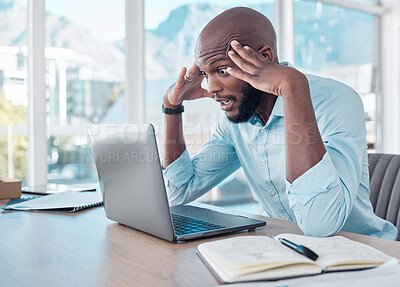 Buy stock photo Laptop, stress and business black man in office with mistake, glitch and error on computer. Burnout, overworked and worker with headache, stressed out and frustrated with crisis, issue and problem