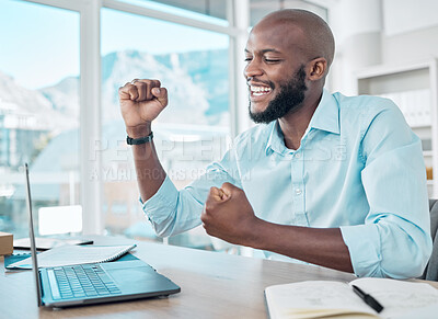 Buy stock photo Black man, laptop and celebrate goal in office, online success and prize giveaway or bonus. Male person, excited and fist pump for victory in workplace, lottery and promotion or wow for reward or win