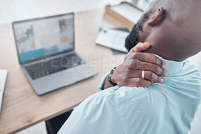 Buy stock photo Businessman, office and neck pain by laptop for stress, overworked and muscle strain at work. Administration, black man and anxiety with problem by desk for injury, pressure and fatigue from above