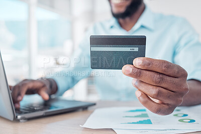 Buy stock photo Credit card, payment and person online shopping with laptop, internet or web for ecommerce purchase in an office. Digital, African and business man or employee pay on a website in a company