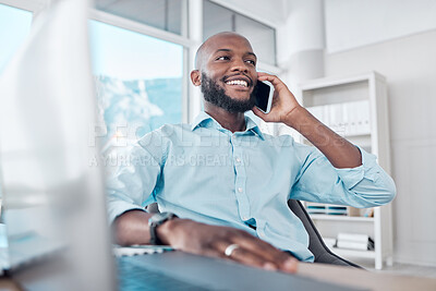 Buy stock photo Phone call, smile and black businessman in office, workspace and professional space for work in corporate career. Conversation, employee and happy talking for planning, agenda and communication