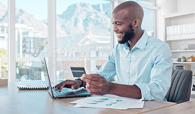 Buy stock photo Payment, online shopping and businessman use laptop, internet or web for ecommerce purchase in an office. Black man, African and employee pay with a credit card on a website in a company office
