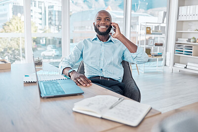 Buy stock photo Phone call, laptop and black businessman in workspace, office and professional space for work in corporate career. Conversation, employee and happy talking for planning, agenda and communication
