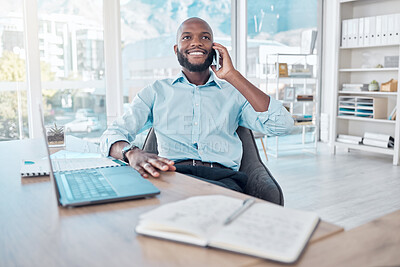 Buy stock photo Phone call, laptop and black businessman in office, workspace and professional space for work in corporate career. Conversation, employee and happy talking for planning, agenda and communication