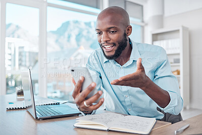 Buy stock photo Phone call, discussion and black businessman in office, workspace and professional space for work in corporate career. Conversation, employee and happy talking for planning, agenda and communication