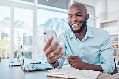 Buy stock photo Phone, communication and black businessman in office, workspace and professional space for work in online video call. Conversation, employee and happy talking for planning, agenda and connection