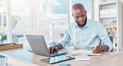 Buy stock photo Writing, typing and black businessman in office, workspace and professional space for work in corporate career. Productivity, employee and laptop or notebook for planning, agenda and communication