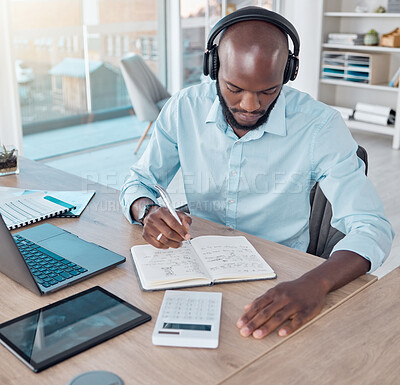 Buy stock photo Podcast, headphones and black businessman in office, workspace or professional space for work in corporate career. Productivity, employee and laptop or notebook for planning, agenda and communication