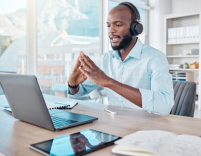 Buy stock photo Black man, headphones and video call on laptop in office, remote meeting and virtual conference. Person, talking and internet or online app for conversation, company seminar and speaking to contact