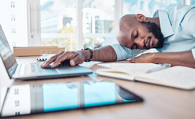 Buy stock photo Sleeping, tired and black businessman in office, workspace and professional space for work in corporate career. Burnout, employee and exhausted for planning, agenda and communication in legal job