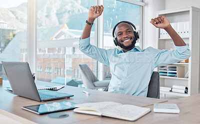 Buy stock photo Music, black man in office with headphones, dance and enjoying work with radio streaming app. Excited African businessman at desk with earphones, excited dancing and fun working on startup report.