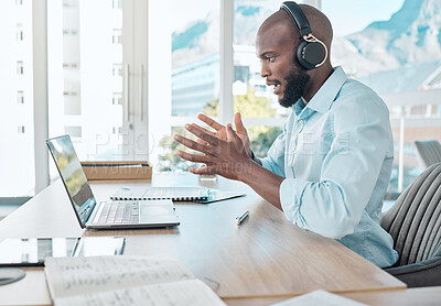 Buy stock photo Black man, headphones and virtual call on laptop in office, webinar meeting and video conference. Person, talking and internet or online app for conversation, company seminar and speaking to contact