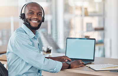 Buy stock photo Laptop screen, portrait and black businessman in office, workspace and professional space for work in career. Happy, employee and technology with mockup for marketing, advertising or communication