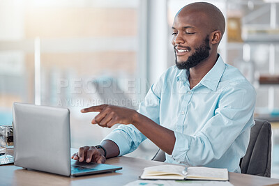 Buy stock photo Video call, pointing and black businessman in office, workspace and professional space for work in corporate career. Conversation, employee and talking with laptop for planning, agenda and contact