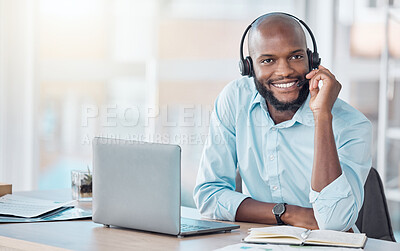 Buy stock photo Black man, headset and sale agent in office, laptop and call centre operator or secretary. Male person, insurance and telemarketing or customer support, technical service and receptionist for crm