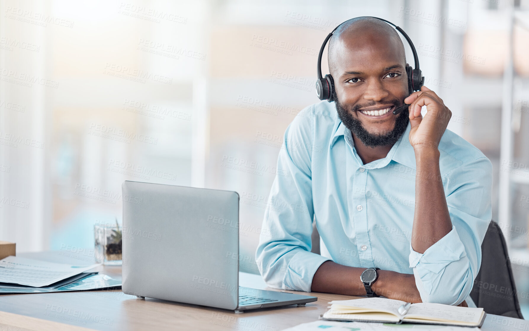 Buy stock photo Black man, headset and sale agent in office, laptop and call centre operator or secretary. Male person, insurance and telemarketing or customer support, technical service and receptionist for crm