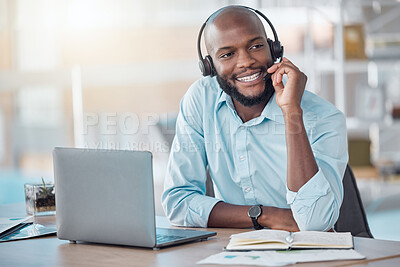 Buy stock photo Black man, headset and consultant in office, laptop and call centre operator or secretary. Male person, assistant and telemarketing or customer support, technical service and receptionist for crm