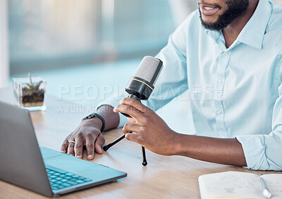Buy stock photo Business, podcast and microphone with laptop, hands and speaker in office, production and streaming. Podcaster, influencer and hosting of show, online and internet for corporate and advice with mouth