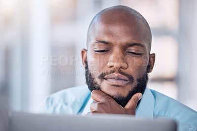 Buy stock photo Thinking, business and black man in office with laptop for project planning, proposal or searching web. Corporate, professional and male employee in thought for inspiration, decision or solution