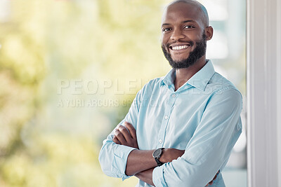 Buy stock photo Portrait, business and black man with arms crossed, smile and confidence with career ambition, sunshine or cheerful. African person, employee pr consultant with pride for company, summer or happiness