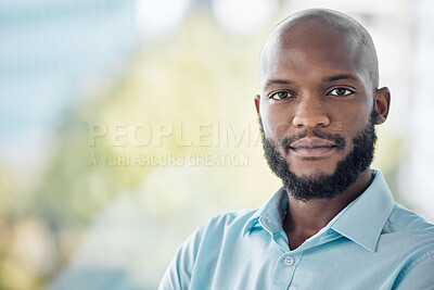 Buy stock photo Portrait, black man and confident or happy for business in city of Atlanta for career in corporate industry. Male employee, proud and professional for company job as administrator with mockup space.