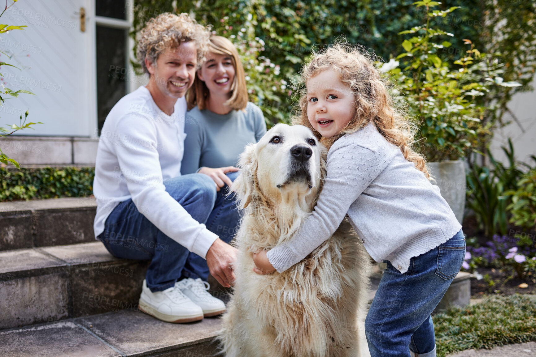 Buy stock photo Parents, dog and child in backyard portrait with smile, bonding and playful fun with animal on summer weekend. Mom, dad and girl together with Labrador in home garden with embrace, love and support