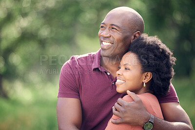 Buy stock photo Black couple, happy and hug outdoor in park with love for relationship, romance and commitment. Smiling, man and woman embrace in nature relax for dating fun and bonding on weekend adventure