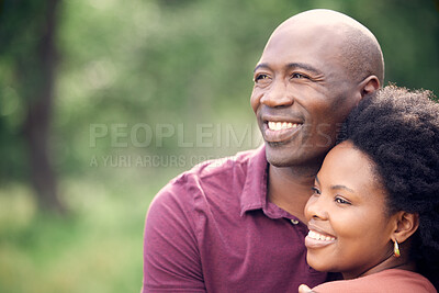 Buy stock photo Black couple, happy and hug outdoor in park with love for relationship, romance and commitment. Smiling, man and woman embrace in nature for relaxing, dating fun and bonding on weekend adventure