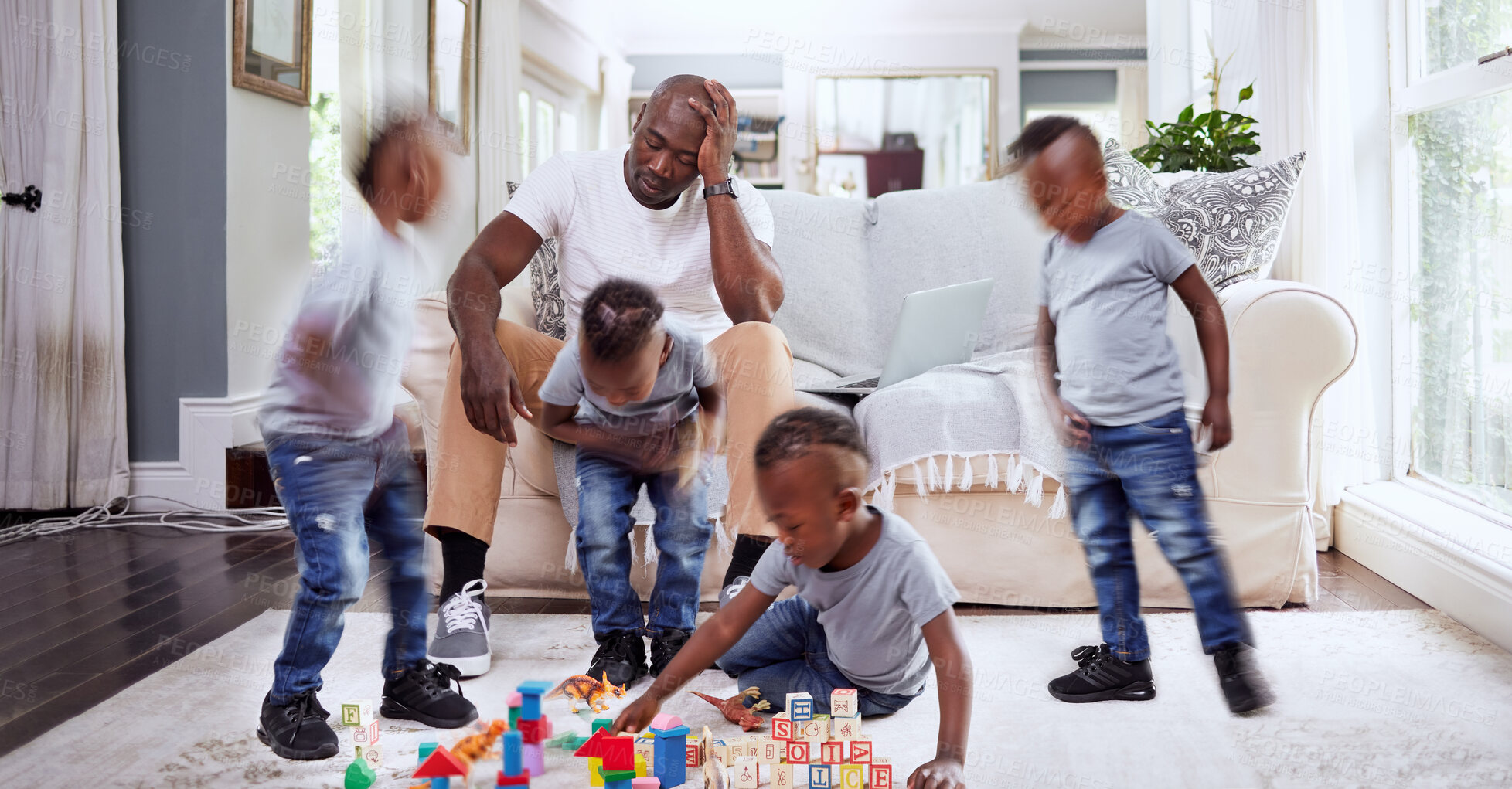 Buy stock photo Headache, child and father on a sofa with chaos, stress and son living with adhd in their home. Single parent, anxiety and black man with migraine from boy with autism, noise or high energy in lounge