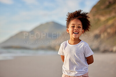 Buy stock photo Shot of an adorable little girl having fun on the beach