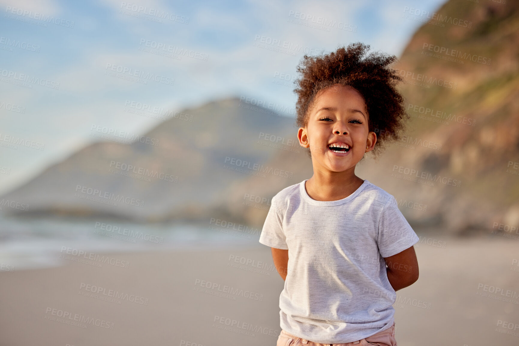 Buy stock photo Girl, child and smile with portrait on beach for outdoor fun, travel and tourism on vacation for summer break of semester. Female kid, mock up and carefree on holiday in Australia for sunny adventure