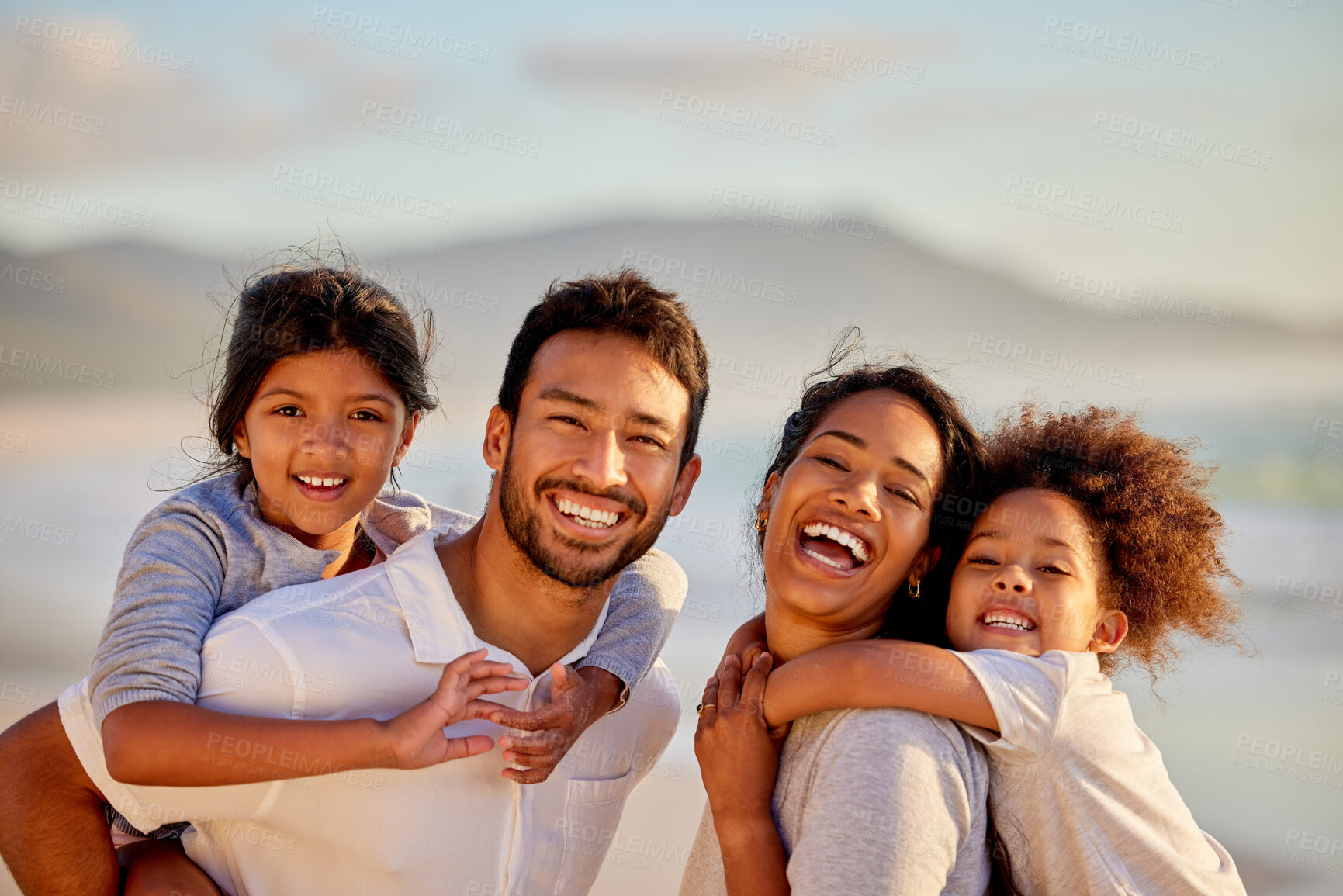 Buy stock photo Holiday, beach and portrait of happy family travel for vacation together at the sea or ocean in summer. Love, father and mother or parents with children or kids relax, care and on getaway adventure