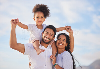 Buy stock photo Vacation, travel and portrait of happy family excited for holiday together at the on an adventure in summer. Love, father and mother or parents with children or kids relax, care and bonding 