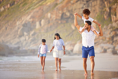 Buy stock photo Family, parents and child on shoulders or beach fun on holiday, bonding and walking on sea shore or vacation. People, together and carefree girl or ocean trip for adventure, summer and relaxing