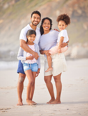 Buy stock photo Holiday, beach and portrait of happy family excited for vacation together at the sea or ocean in summer. Love, father and mother with children or kids relax, care and travel for an adventure 