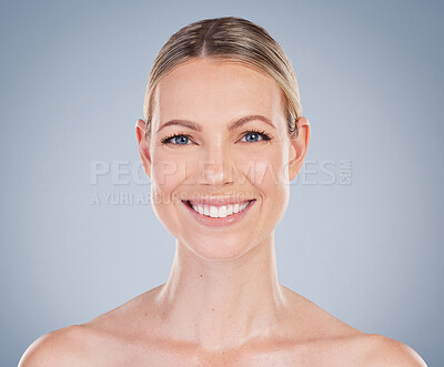 Buy stock photo Beauty, skincare and smile with portrait of woman in studio for facial, cosmetics and natural makeup. Self care, wellness and mockup with face of model on grey background for glow, happy and collagen