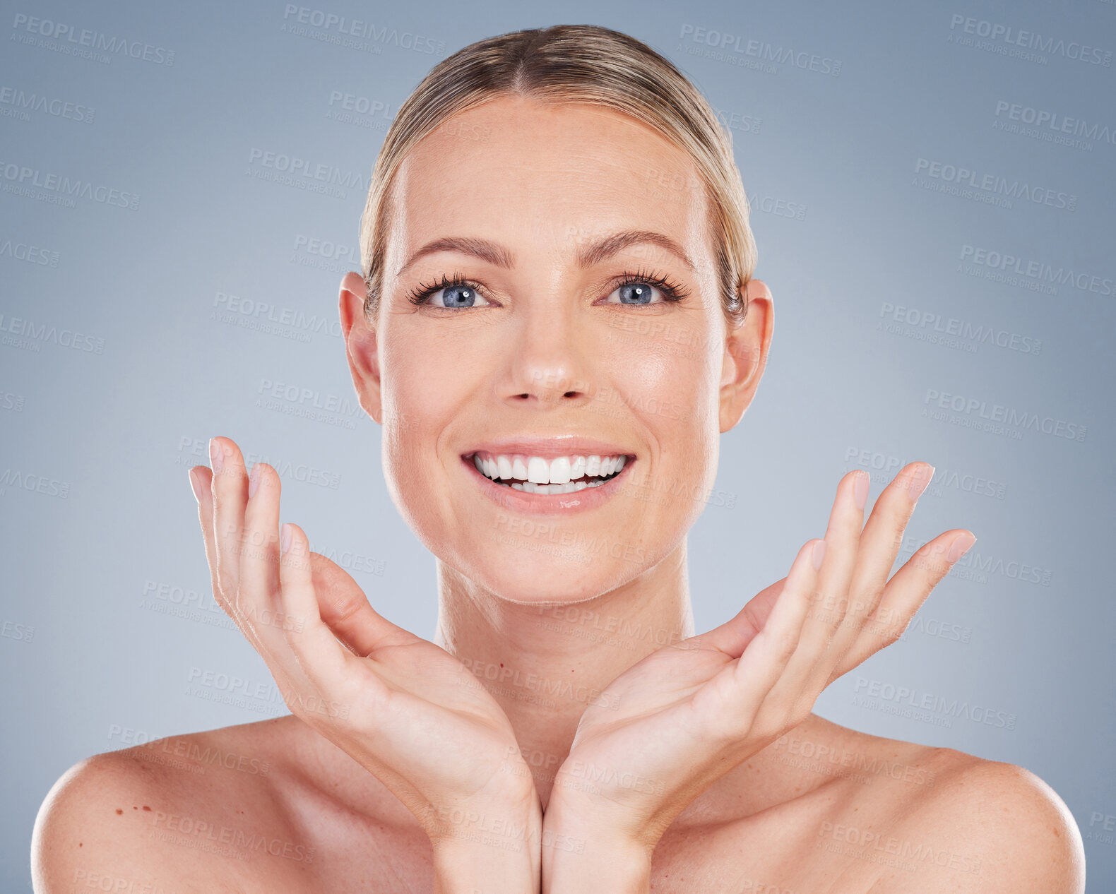 Buy stock photo Beauty, smile and portrait of woman in studio for facial, cosmetics and natural makeup. Self care, wellness and mockup with face of female model on grey background for glow, happiness and collagen