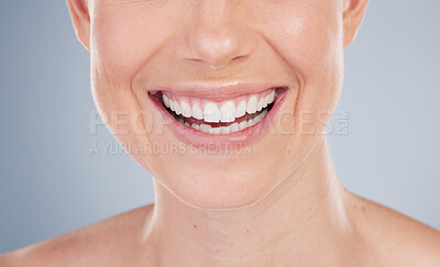 Buy stock photo Mouth, teeth and smile of girl closeup in studio for dental care, oral hygiene and healthy gums. Female model, wellness and veneers for confidence, pride and whitening of tooth by white background