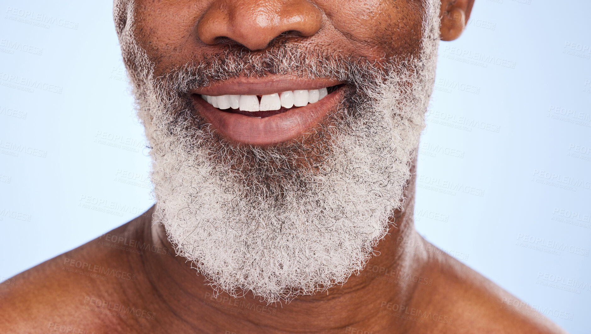 Buy stock photo Smile, mouth and black man for oral hygiene and closeup, teeth and beard on blue background. Dentist, mature and face for male person in studio, dental care and cosmetic for healthy and fresh breath